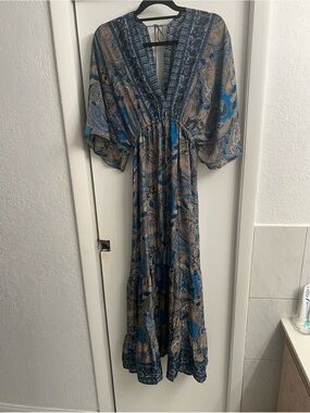 Blue Paisley V-Neck Maxi Dress with Gathered Waist